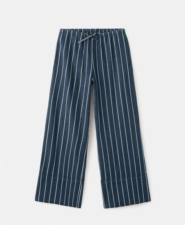マンゴ レディース ボトムス カジュアルパンツ MANGO Women's Turn-Up Hem Striped Pants Open Blue ブルー|ReVida 店