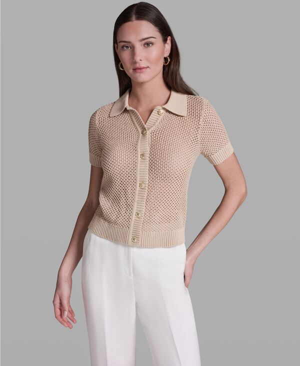 ビーシビージー レディース トップス シャツ 半袖 BCBG Women'short-Sleeve Button-Front Colla red Polo Top Moonlit Sand サンド|ReVida 店