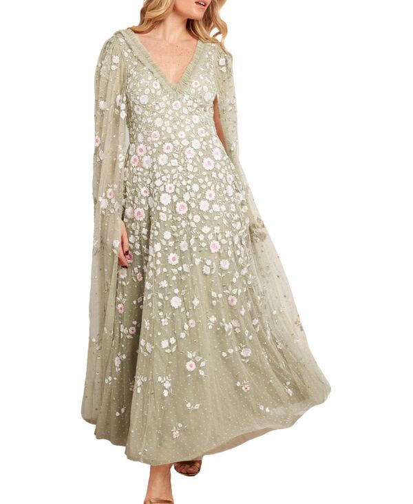 ニードルアンドスレッド レディース トップス ワンピース ケープデザイン アンクル キャップ ケープ Needle & Thread Women's Ethereal Blooms Cape Sleeve Ankle Gown Aloe/multi マルチカラー｜ReVida 店