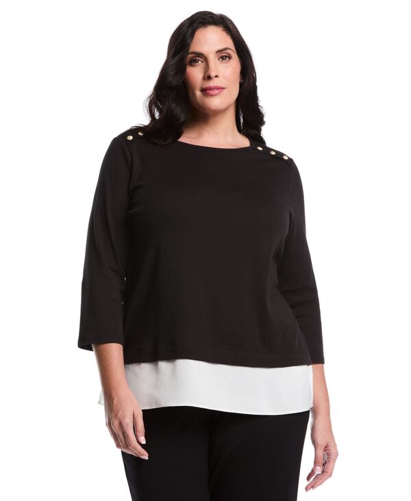 ラファエラ レディース トップス シャツ Rafaella Women's Rivet Detail Mixed Media Laye red 3/4 Sleeve Top Black ブラック｜ReVida 店