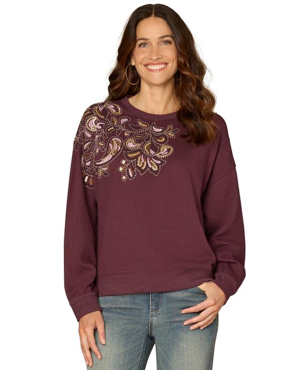 デモクラシー レディース アウター パーカー・スウェット クルーネック プラスサイズ シャツ 長袖 Democracy Plusize Long-Sleeve Crewneck Beaded Sweatshirt Pickled Beet｜ReVida 店 18,091円