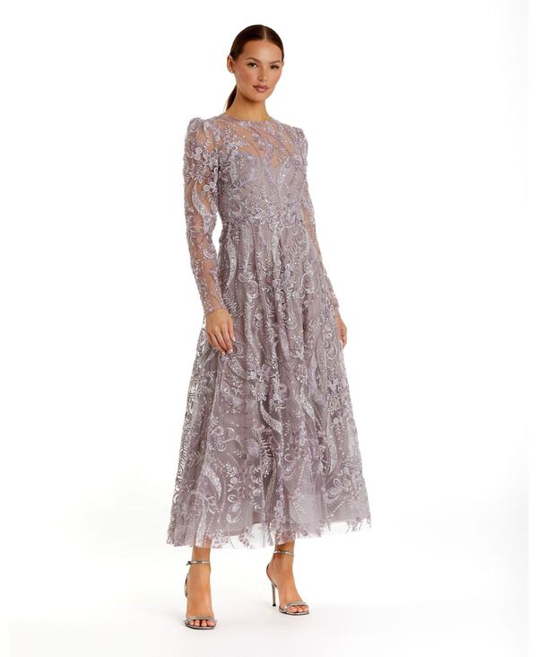 マックダガル レディース トップス ワンピース ハイネック フラワー柄 刺繍 フラワー Mac Duggal Women's Floral Embroide red High Neck Long Sleeve Dress Mauve｜ReVida 店
