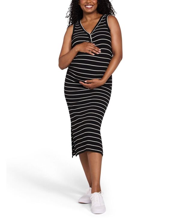 マザーフッドマタニティー レディース トップス ワンピース ミディ ノースリーブ Motherhood Maternity Women'sleeveless Henley Racerback Maternity Midi Dress Vanilla & black stripe ブラック｜ReVida 店