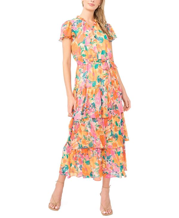 サムアンドジェス レディース トップス ワンピース ティアード フラワー柄 マキシ フラワー Sam & Jess Women's Tie red Floral Flutter-Sleeve Maxi Dress Exuberance｜ReVida 店 21,735円