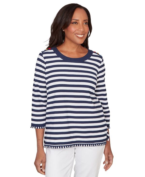 アルフレッド ダナー レディース トップス シャツ クルーネック プチ Alfredunner Petite Port Side Pique Stripe Button Detail Crew Neck Top Navy/white ホワイト|ReVida 店