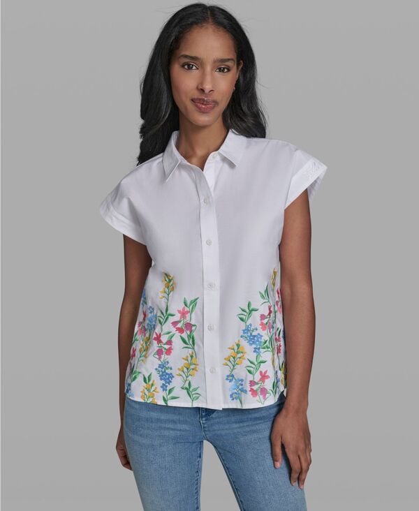 カール ラガーフェルド レディース トップス シャツ 半袖 刺繍 KARLAGERFELD PARIS Women'short-Sleevembroide red Flower Top White ホワイト|ReVida 店