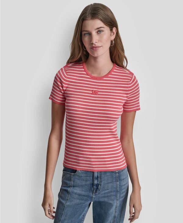 ダナキャランニューヨーク レディース トップス シャツ クルーネック DKNY Jeans Women's Crew Neck Striped Rib Top Sunkissed/Ivory アイボリー｜ReVida 店