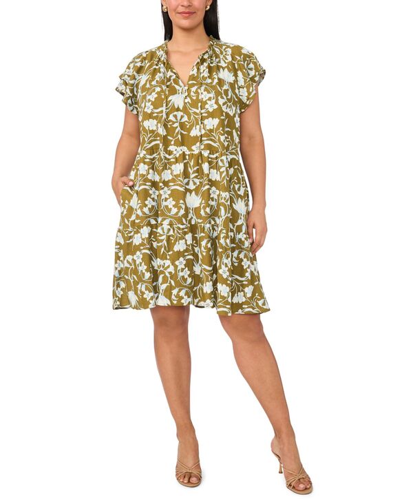 ミスク レディース トップス ワンピース A ライン プラスサイズ 半袖 MSK Plusize Splitie Neck Short-Sleeve A-Line Dress Peat Moss｜ReVida 店