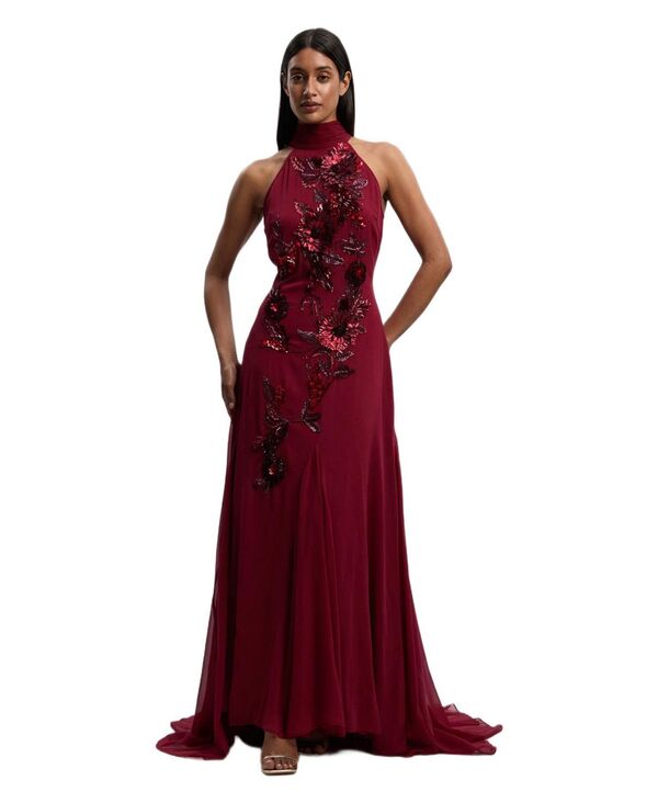 カレンミレン レディース トップス ワンピース マキシ ホルター Karen Millen Women's Feather Embellished Halter Maxi Dress Wine ワイン｜ReVida 店