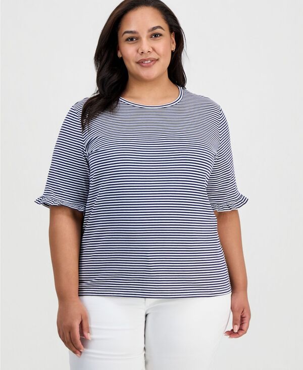 ジョーンズニューヨーク レディース トップス シャツ プラスサイズ フリル Jones New York Plusize Striped Ruffle-Sleeve Tee Pacific Navy ネイビー|ReVida 店