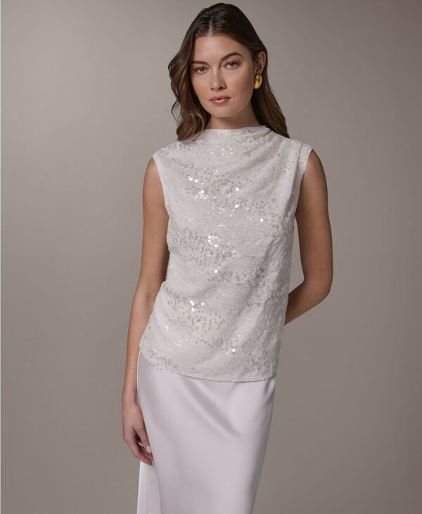 ダナ キャラン ニューヨーク レディース トップス シャツ スパンコール ブラウス Donna Karanew York Women'sequin Gathe red Shoulder Blouse Cream クリーム｜ReVida 店