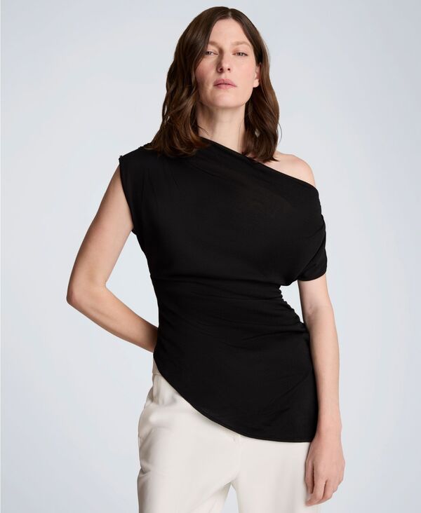 ケネスコール レディース トップス シャツ アシンメトリー ドレープ 半袖 Kenneth Cole Women's Asymmetrical Drape Short-Sleeve Top Black ブラック｜ReVida 店