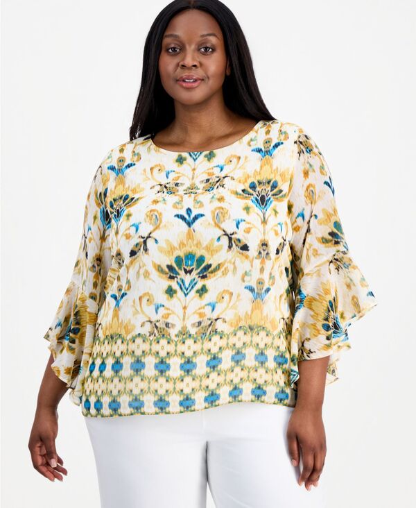 カスパール レディース トップス シャツ プラスサイズ プリント フリル Kasper Plusize Border-Print Ruffle-Sleeve Top Butterscotch Multi マルチカラー|ReVida 店