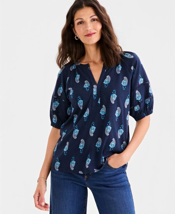 スタイルアンドコー レディース トップス シャツ プリント ニット Style & Co Women's Printed Elbow-Sleeve Knitop Industrial Blue ブルー|ReVida 店