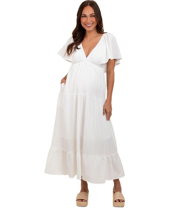 ピンクブラッシュ レディース トップス ワンピース Vネック ティアード ミディ マタニティ Pinkblush Maternity Ivory Deep V-Neck Flutter Sleeve Tie red Midi Dress Ivory アイボリー｜ReVida 店