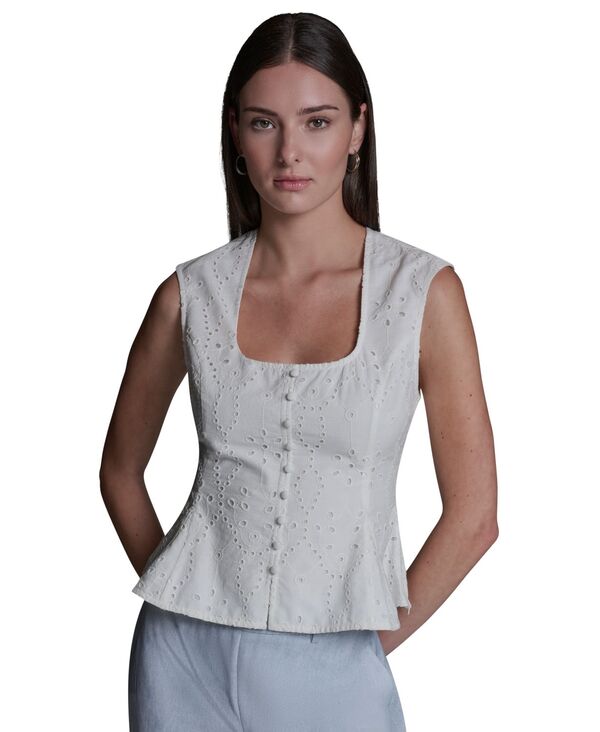 ビーシビージー レディース トップス シャツ ノースリーブ BCBG Women's Eyelet Detail Sleevelessquare Neck Peplum Top Whisper White ホワイト|ReVida 店