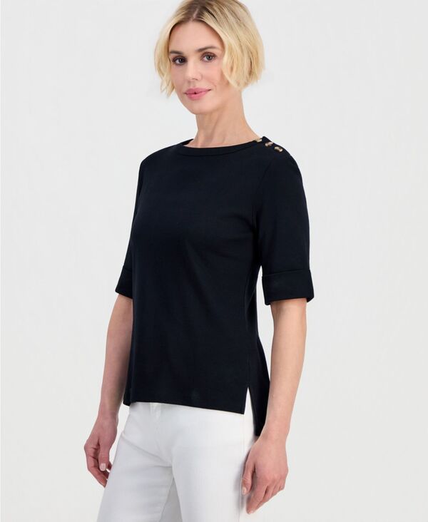 スタイルアンドコー レディース トップス シャツ アシンメトリー プチ コットン Style & Co Petite Cotton Asymmetric-Button Boat-Neck Top Deep Black ブラック｜ReVida 店 9,436円