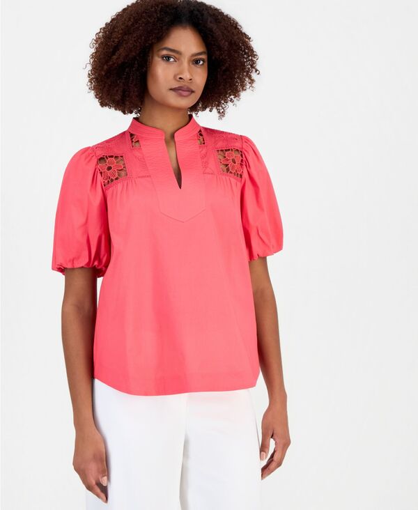 ティー・タハリ レディース トップス シャツ パフスリーブ レース Tahari Women'split-Neck Lace-Yoke Puff-Sleeve Top Fire Brick｜ReVida 店