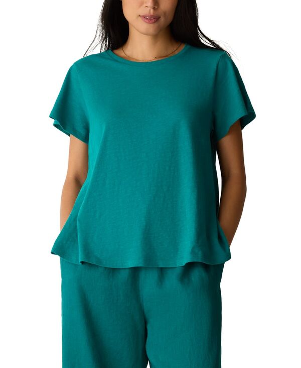 エイリーンフィッシャー レディース トップス シャツ クルーネック コットン キャップスリーブ キャップ Eileen Fisher Women's Cotton Cap-Sleeve Crewneck Tee Teal ティール｜ReVida 店