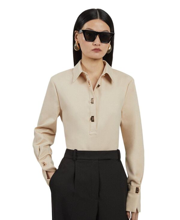 カレンミレン レディース トップス シャツ コットン Karen Millen Women's Techno Cotton Gold Clasp Shirt Sand サンド｜ReVida 店