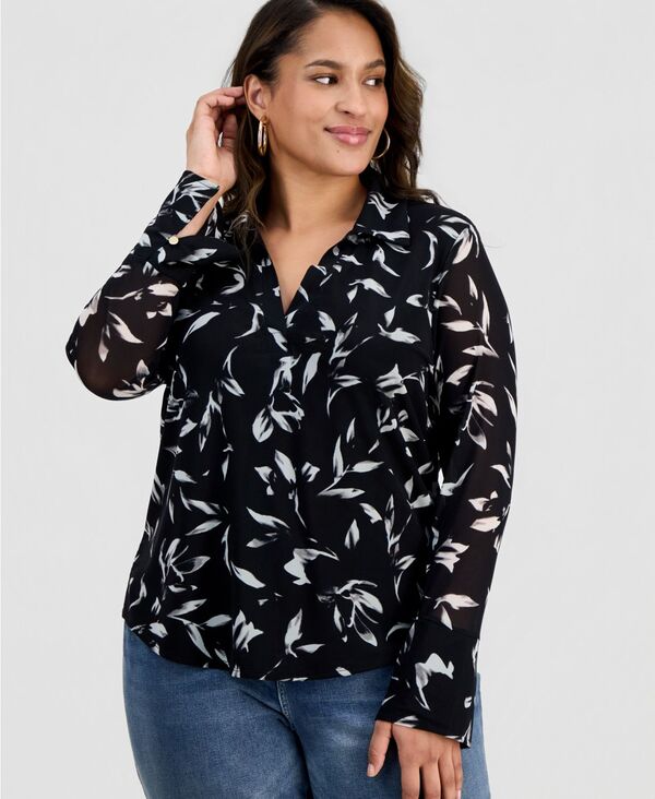 アイ.エヌ.シー インターナショナル コンセプト レディース トップス シャツ プリント メッシュ 長袖 I.N.C. International Concepts Women's Long-Sleeve Printed Mesh Colla red Top Siena Blooms|ReVida 店