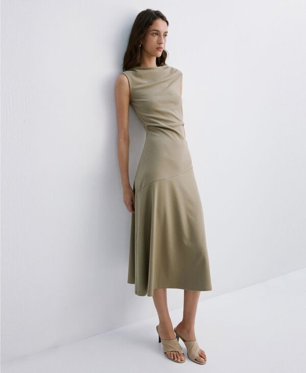 マンゴ レディース トップス ワンピース アシンメトリー ドレープ MANGO Women's Asymmetrical Drapedress Khaki カーキ｜ReVida 店