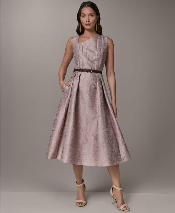 ダナ キャラン ニューヨーク レディース トップス ワンピース アシンメトリー Donna Karanew York Women's Jacquard Asymmetrical Neck Fit & Flare Dress with Belt Lilac ライラック｜ReVida 店