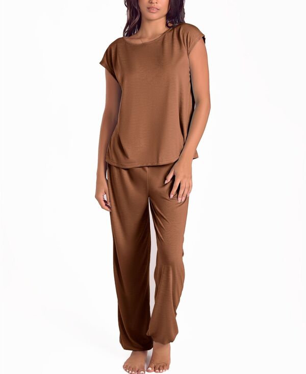 アイコレクション レディース アンダーウェア ナイトウェア パンツ キャップスリーブ キャップ iCollection Women'soft Breathable Pajama-Set with Cap-Sleeve Top and Jog Pants Brown ブラウン|ReVida 店