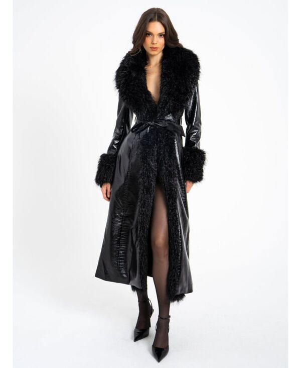 ミスサークル レディース アウター ジャケット・ブルゾン コート レザー Miss Circle Women's Zella Black Fur Trim Faux Croc Leather Coat Black ブラック｜ReVida 店