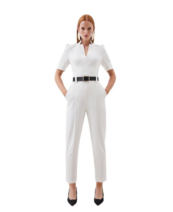 カレンミレン レディース ボトムス カジュアルパンツ クレープ ジャンプスーツ Karen Millen Women'structu red Crepe Forever Belted Jumpsuit Ivory アイボリー｜ReVida 店
