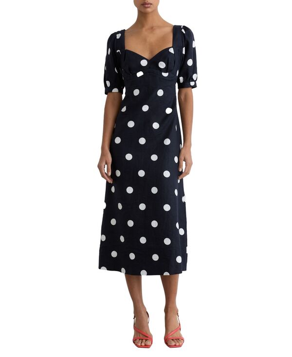 レイス レディース トップス ワンピース ドット パフスリーブ ミディ リネン REISS Women's Astrid Linen Puff-Sleeve Polka-Dot Midi Dress Navy ivory｜ReVida 店