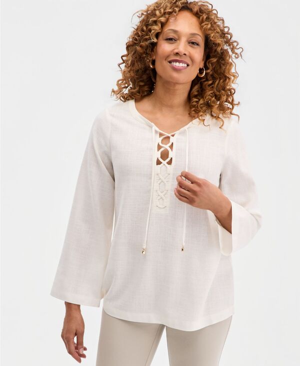 ジェイエムコレクション レディース トップス シャツ レース リネン JM Collection Women's Lace-Up Linen-Blend Top Bright White ホワイト|ReVida 店