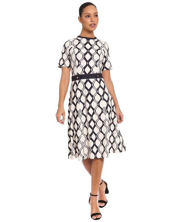 ロンドンタイムス レディース トップス ワンピース プリント London Times Women's Geometric Print Beltedress Ivory/Black アイボリー｜ReVida 店