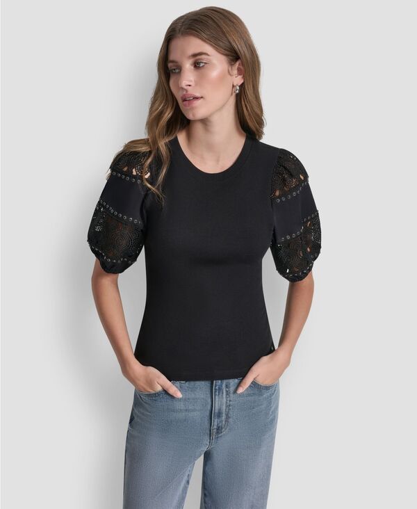 ダナキャランニューヨーク レディース トップス シャツ クルーネック レース DKNY Jeans Women's Crew Neck Laceyelet Pull-On Top Black ブラック｜ReVida 店