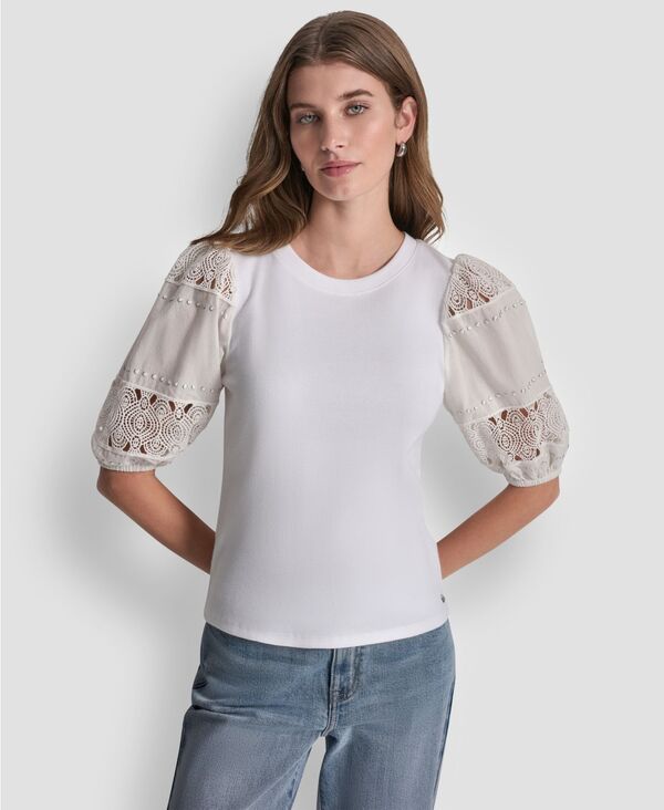 ダナキャランニューヨーク レディース トップス シャツ クルーネック レース DKNY Jeans Women's Crew Neck Laceyelet Pull-On Top White ホワイト|ReVida 店