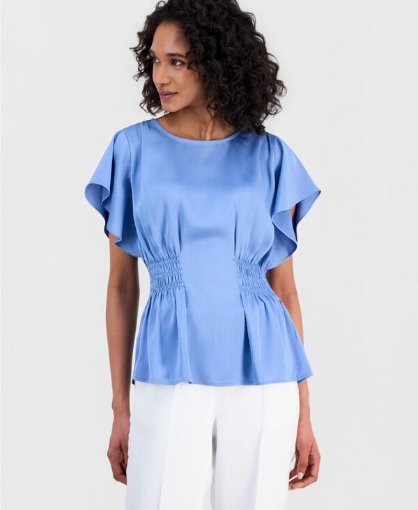 アンクライン レディース トップス シャツ シャーリング Anne Klein Women's Flutter-Sleeve Smocked-Waistop Lagoon|ReVida 店