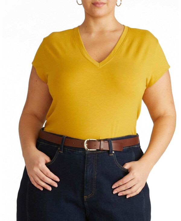 ユニバーサル スタンダード レディース トップス シャツ Vネック プラスサイズ キャップ Universal Standard Plusize Ashley V Neck Cap Sleeve Tee Yellow ochre イエロー｜ReVida 店