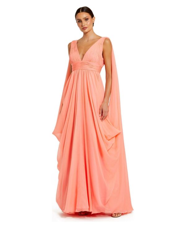 マックダガル レディース トップス ワンピース Vネック シフォン ケープデザイン プリーツ キャップ ケープ Mac Duggal Women's Pleated V-Neck Chiffon Cape Gown Coral コーラル|ReVida 店