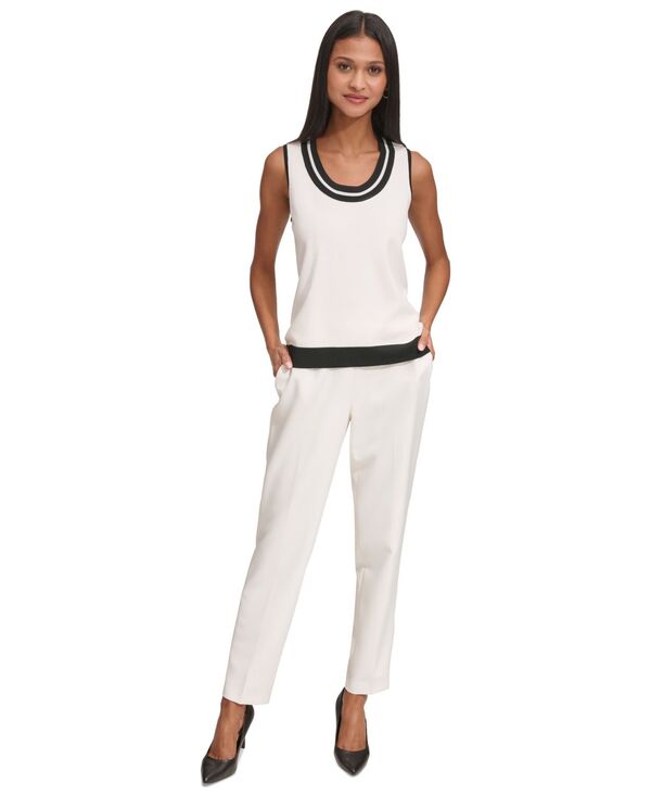 カール ラガーフェルド レディース トップス シャツ ノースリーブ コントラスト ニット KARLAGERFELD PARIS Women'scoop-Neck Sleeveless Knitop with Contrastrim Soft White/Black ホワイト｜ReVida 店