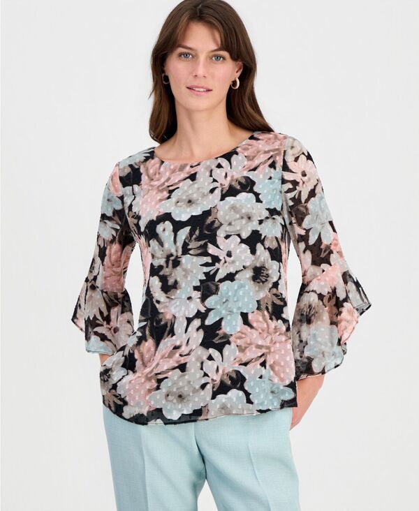 カスパール レディース トップス シャツ フラワー柄 フラワー Kasper Women's Floral Clip-Dot 3/4-Sleeve Top Black Multi ブラック｜ReVida 店