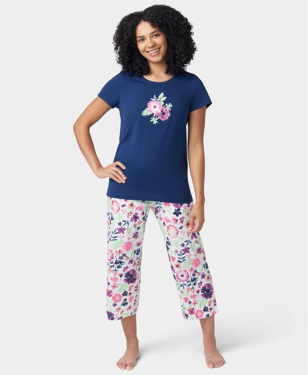 ヒュー レディース アンダーウェア ナイトウェア プリント 半袖 キャップ Hue Women's Printed Short-Sleeve Capri Pajamaset Medieval|ReVida 店