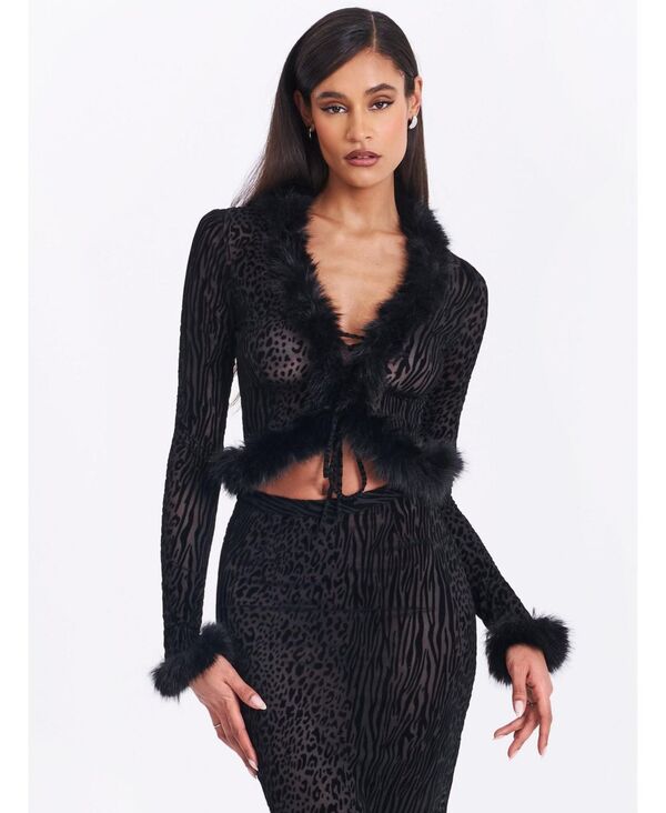 ミスサークル レディース トップス シャツ アニマル柄 プリント ベルベット Miss Circle Women's Hali Black Animal Print Burnout Velvet Fur Trim Top Black ブラック｜ReVida 店 29,770円