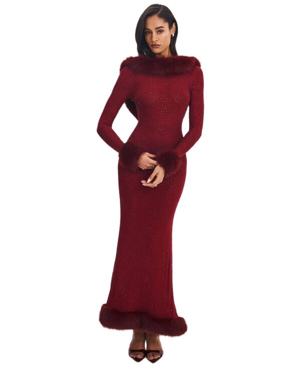 ミスサークル レディース トップス ワンピース メッシュ Miss Circle Women's Rhinestone Mesh Low Back Mermaid Gown Burgundy バーガンディ｜ReVida 店
