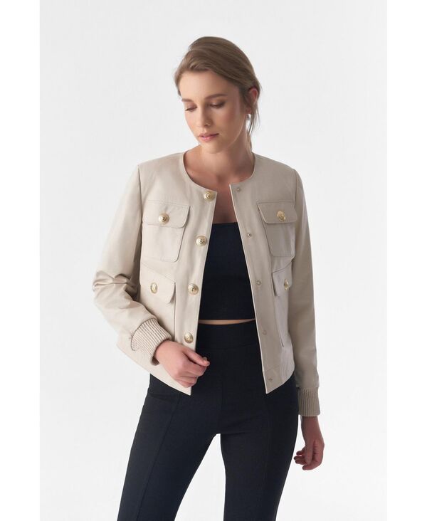 ファーニック UK レディース アウター ジャケット・ブルゾン レザー Furniq UK Women's Collarlesstunning Studs Closure Leather Jacket Beige ベージュ|ReVida 店