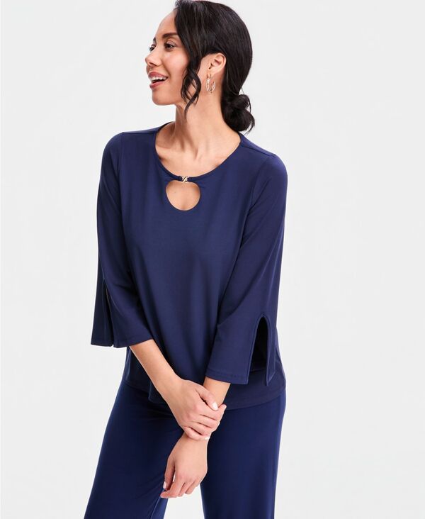 ジェイエムコレクション レディース トップス シャツ JM Collection Women'split-Sleeve Keyhole-Neck Top Intrepid Blue ブルー|ReVida 店