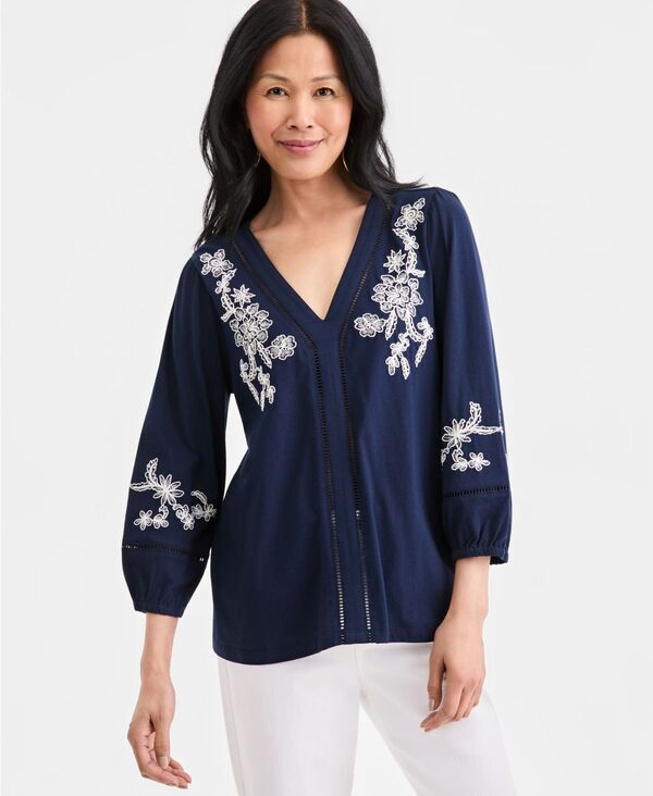 スタイルアンドコー レディース トップス シャツ Vネック 刺繍 Style & Co Women's Embroide red V-Neck 3/4-Sleeve Top Industrial Blue ブルー|ReVida 店