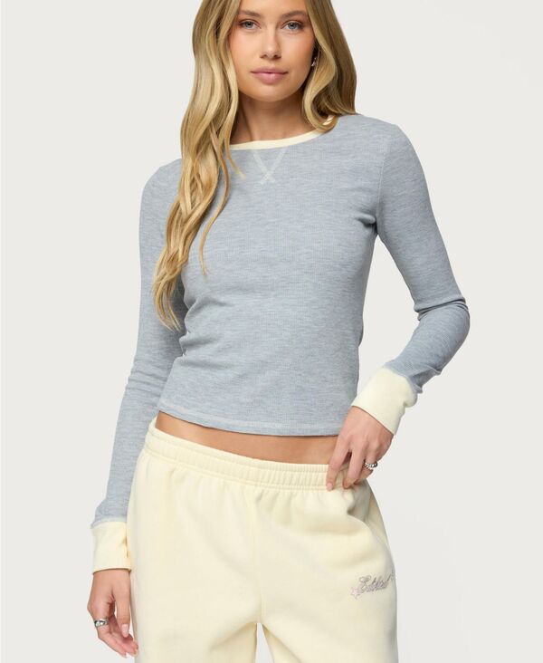 アディクテッド レディース トップス シャツ コントラスト Edikted Women's Rora Contrast Long Sleeve Waffle Top Gray-melange グレー｜ReVida 店