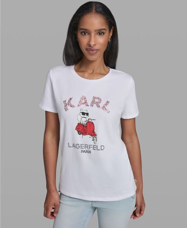 カール ラガーフェルド レディース トップス シャツ クルーネック プリント KARLAGERFELD PARIS Women's Choupette On Moped Printed Crewneck Top White ホワイト|ReVida 店