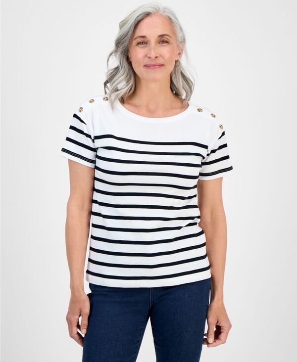 スタイルアンドコー レディース トップス シャツ プリント コットン Style & Co Women's Printed Pima Cotton Boat-Neck Top Bright White ホワイト｜ReVida 店 10,935円