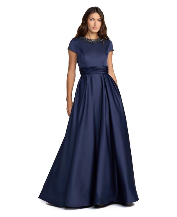 マックダガル レディース トップス ワンピース サテン キャップ Mac Duggal Women's Embellished Satin Cap Sleeve Gown With Pockets Midnight｜ReVida 店